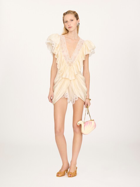 Short V-neck jumpsuit in washed silk satin & lace