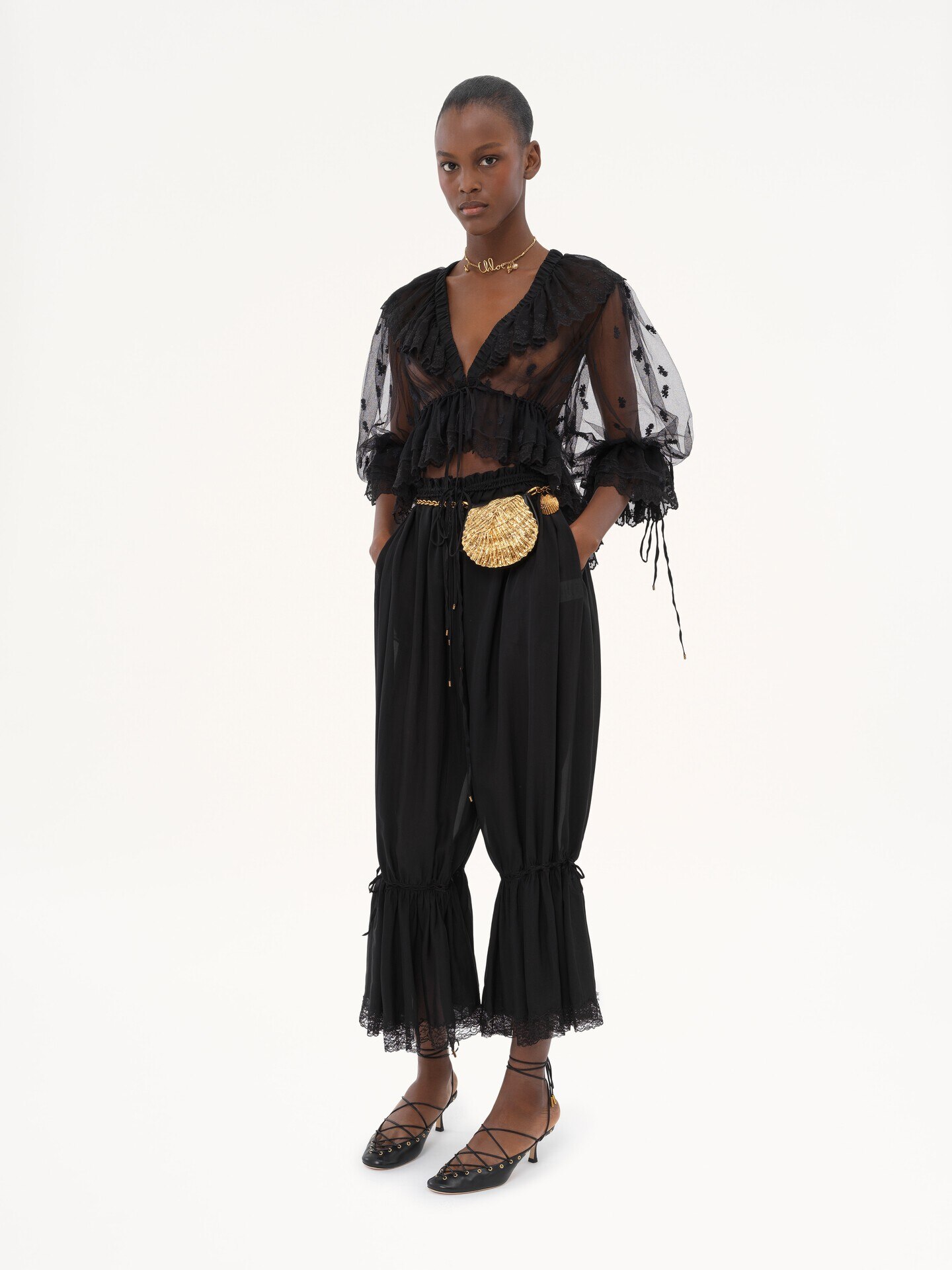 V-neck ruffle top in embroidered lace - 3