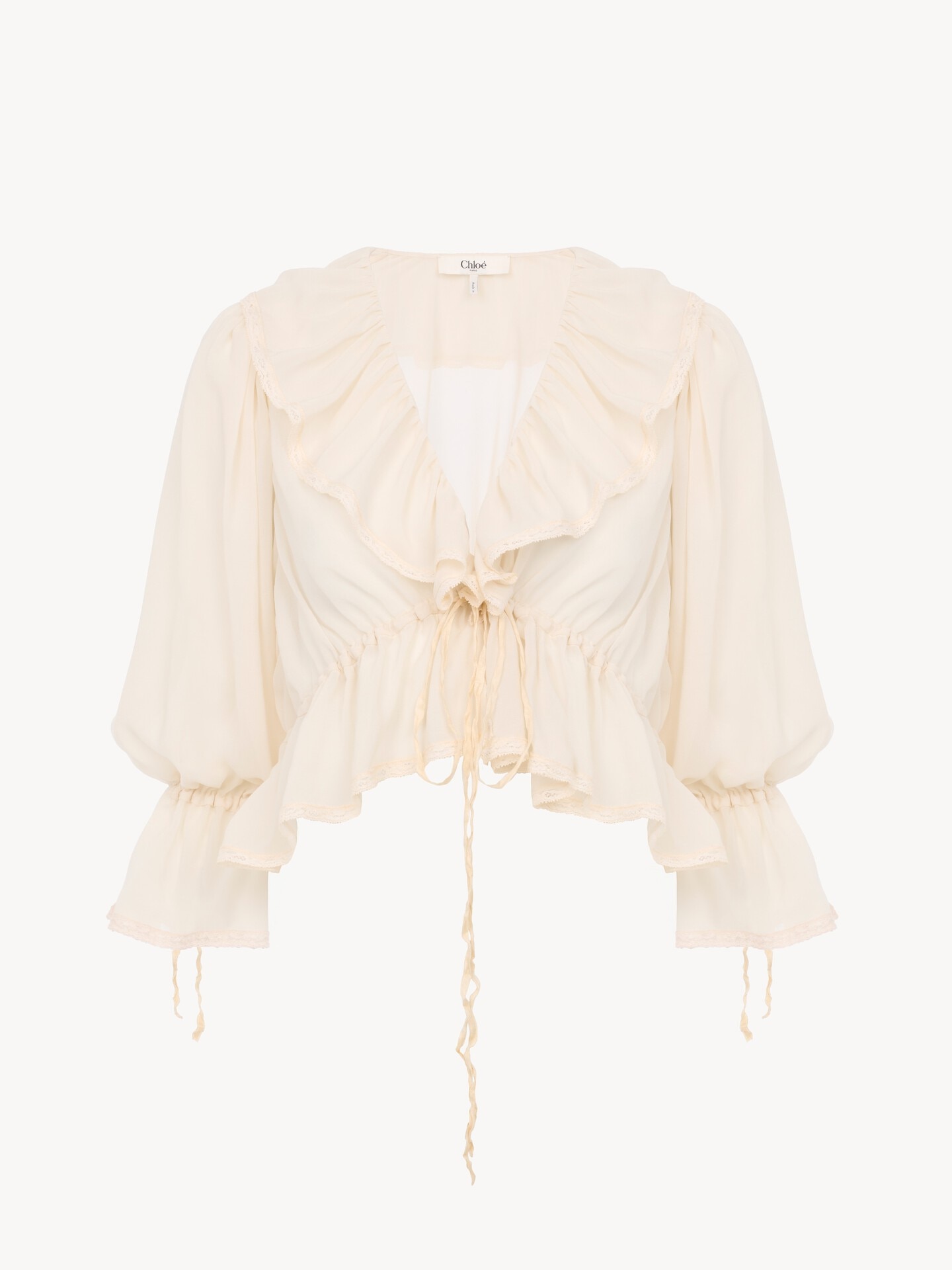 Cropped V-neck ruffle top in silk georgette & lace - 1