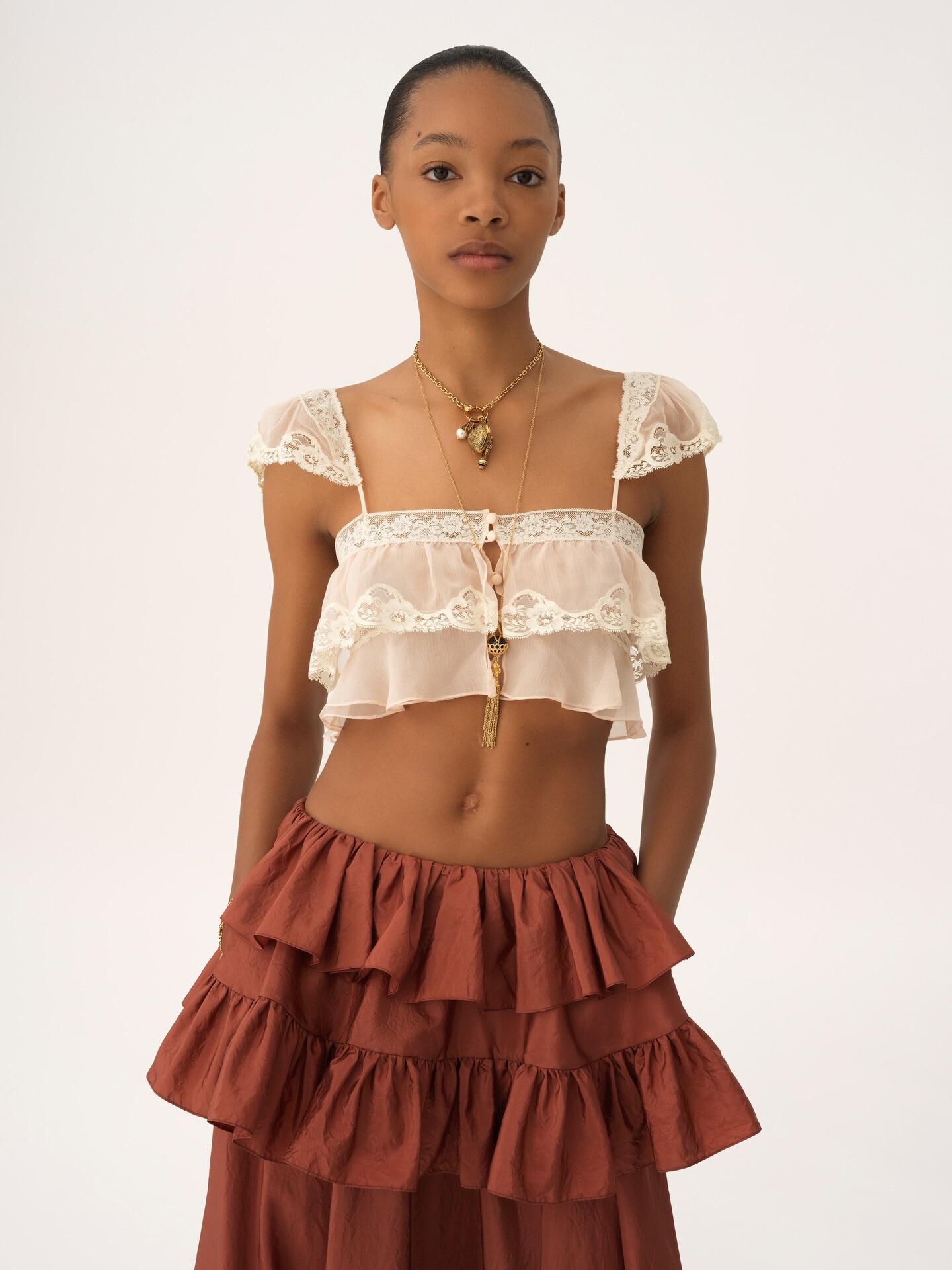 Ruffled bralette in silk mousseline & lace - 4