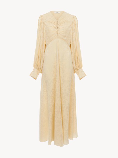 Ruched long dress in silk jacquard