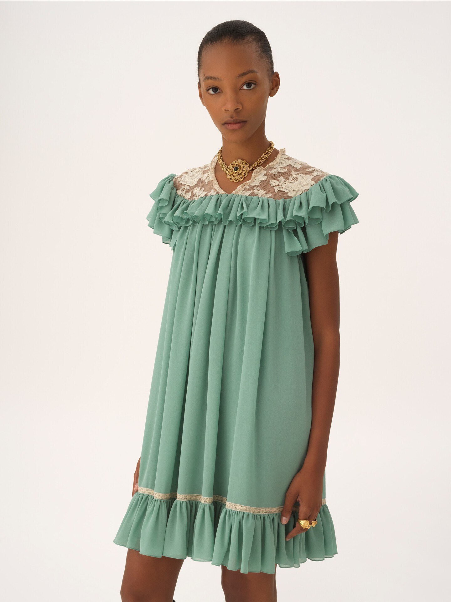 Short-sleeve mini dress in silk georgette & lace - 4