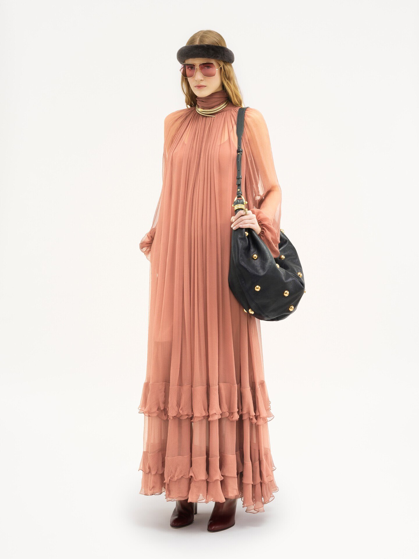 Gathered long dress in silk mousseline - 4