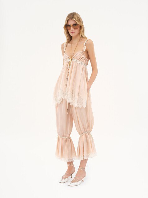 Fluid cropped trousers in washed silk pongé & lace