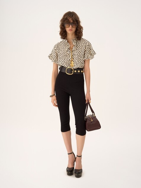 Short-sleeve ruffled top in crêpe de chine