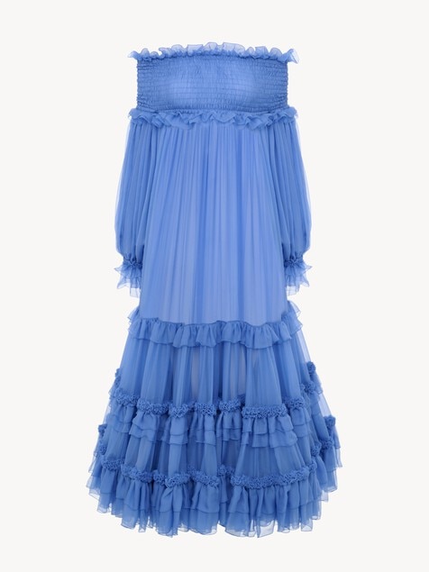 Vestido largo con hombros desnudos de muselina de seda