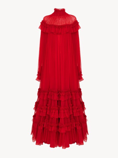 Vestido largo de cuello alto con volantes de muselina de seda