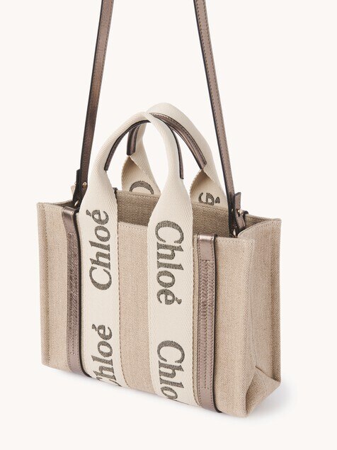 Small Woody tote bag in linen & leather