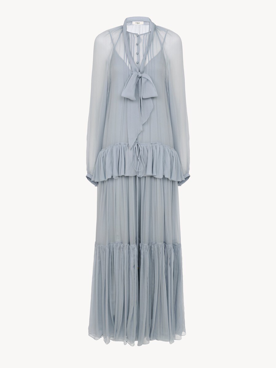 Fluid lavalli&egrave;re long dress in silk mousseline - 2