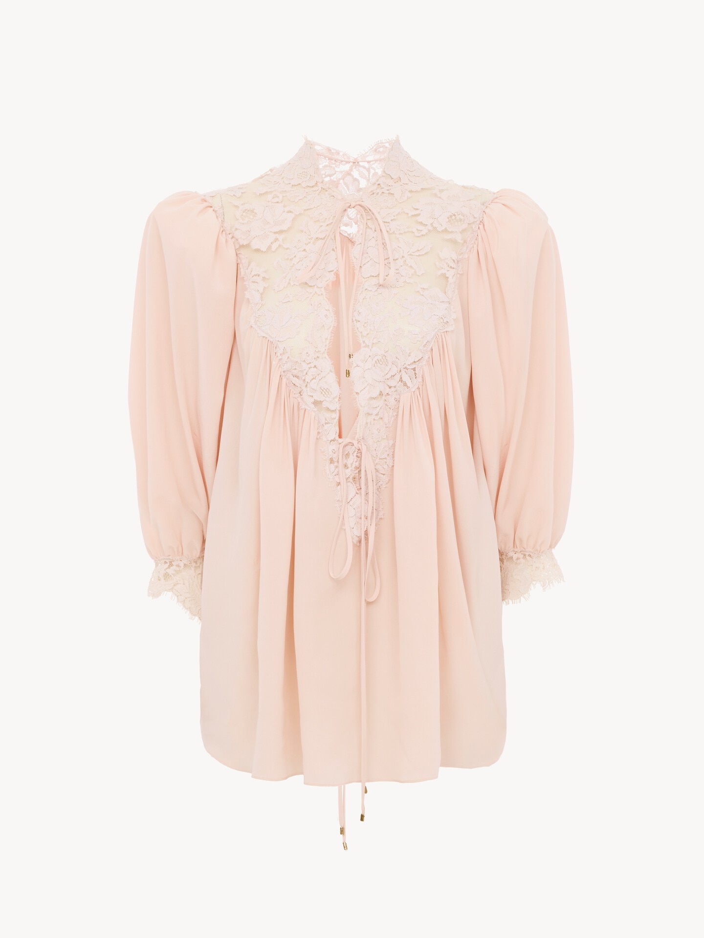 Fluid puff-sleeve top in crêpe de chine & lace - 2