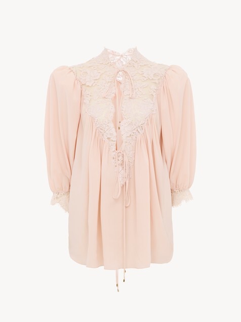 Fluid puff-sleeve top in crêpe de chine & lace
