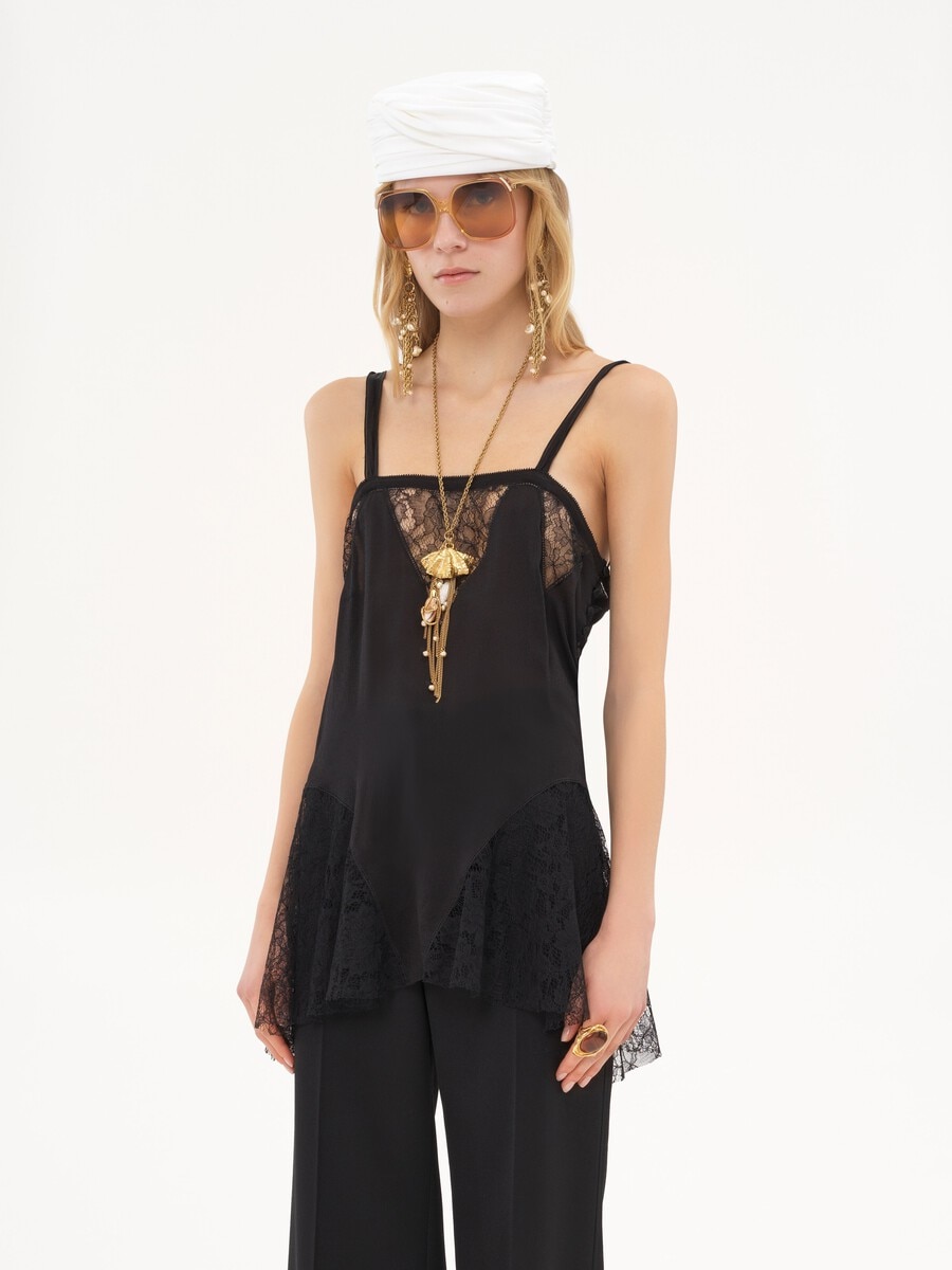 Sleeveless mini dress in silk charmeuse & lace - 4