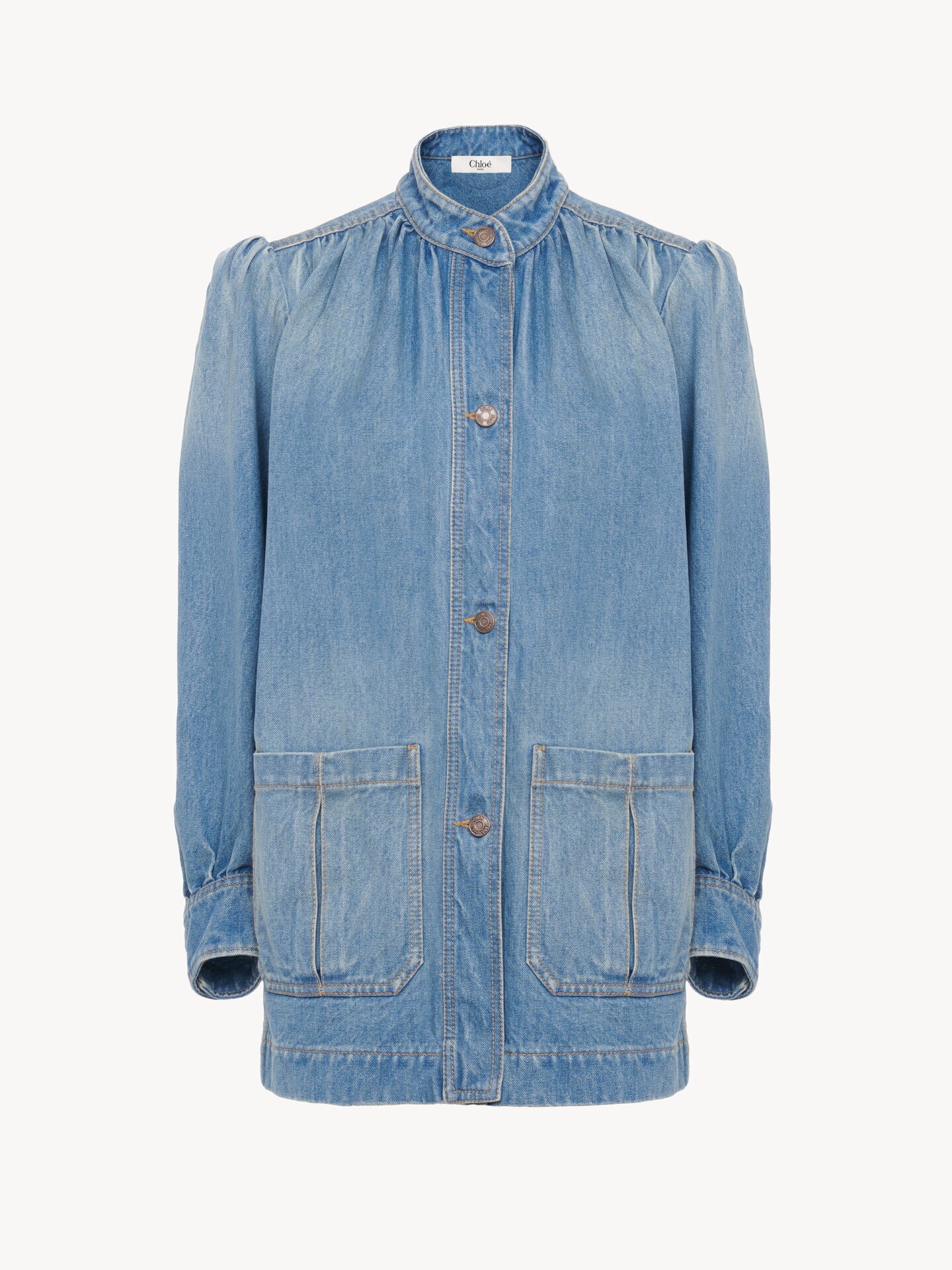 High-neck gathered jacket in denim - 1