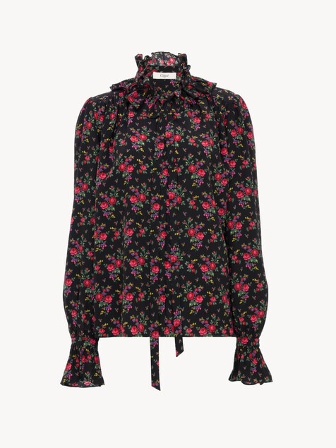 Tie-front ruffled blouse in cr&ecirc;pe de chine