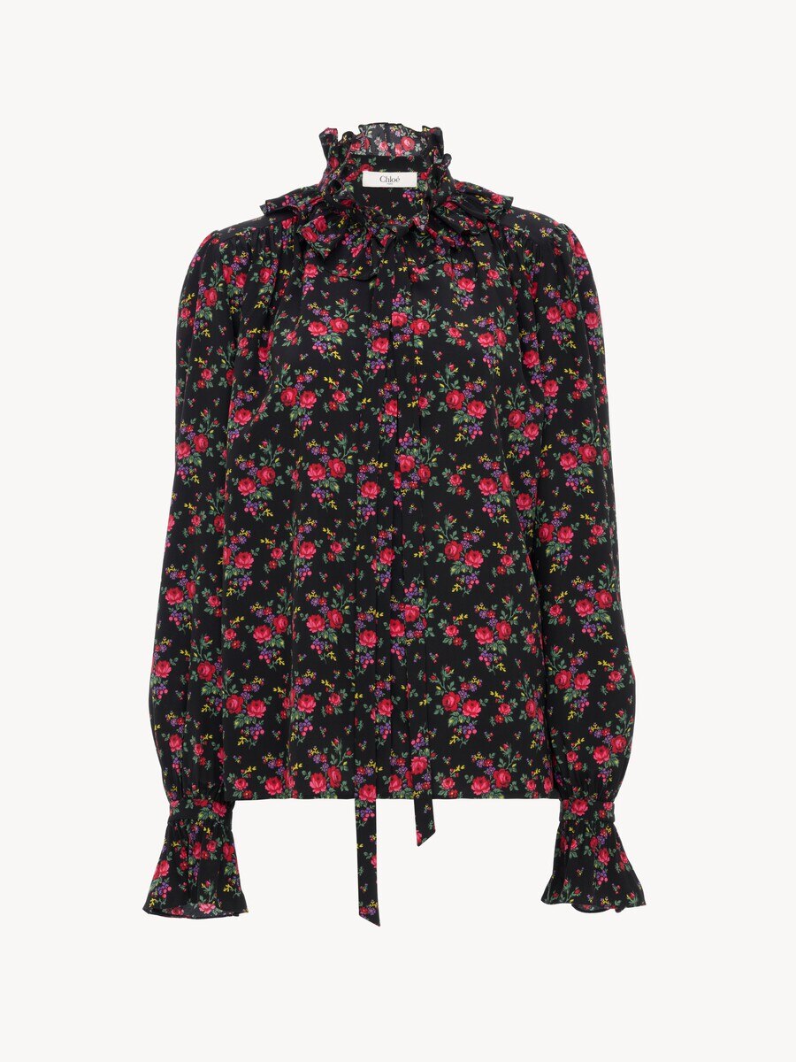 Tie-front ruffled blouse in cr&ecirc;pe de chine - 2