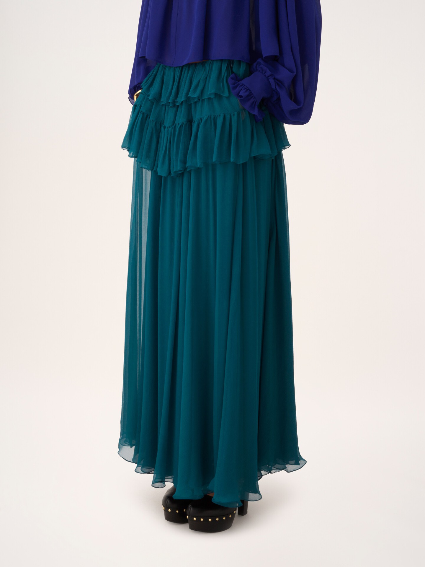 Ruffled long skirt in silk mousseline - 5