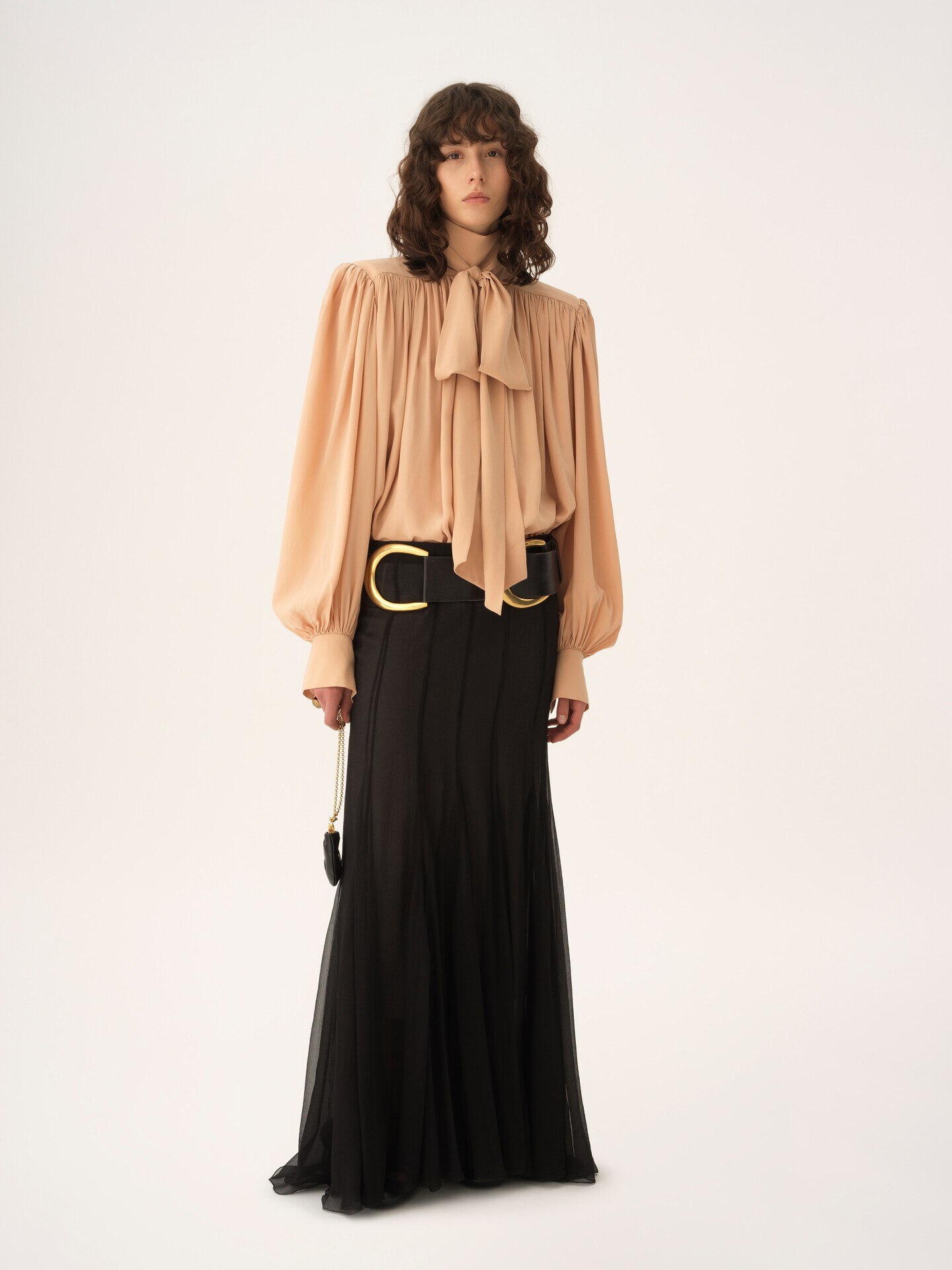 Oversized gathered lavallière blouse in crêpe de chine - 3