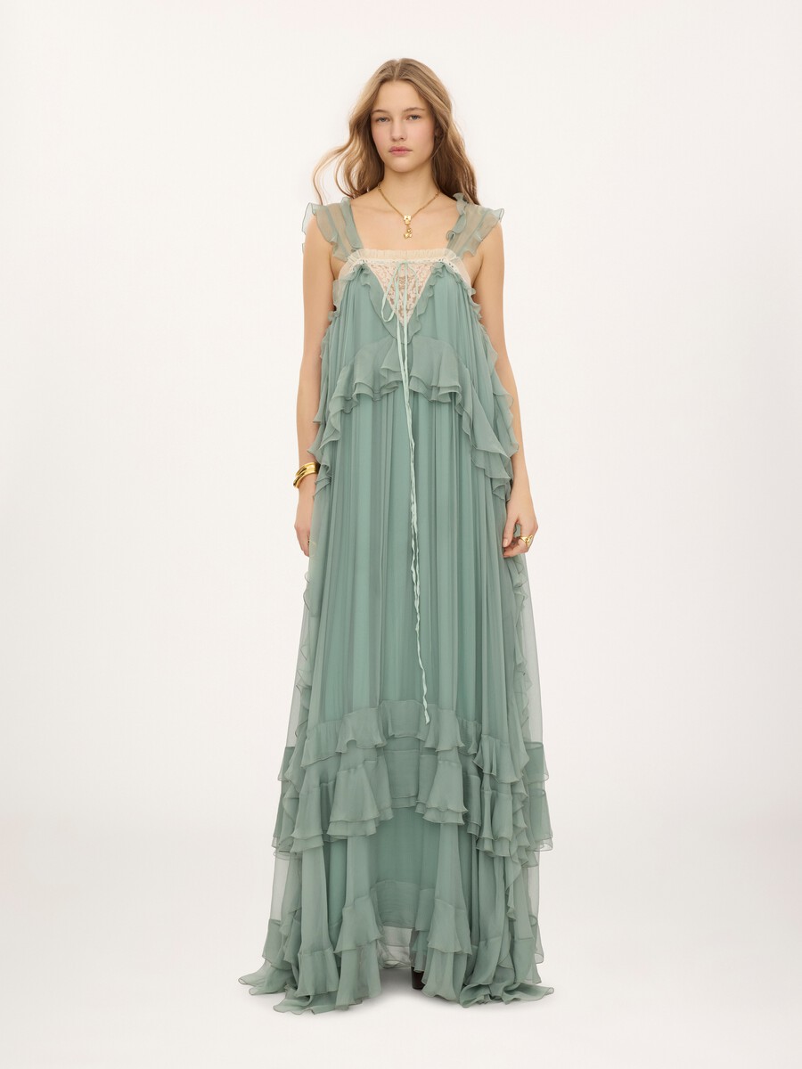 Sleeveless layered long dress in silk mousseline & lace - 3