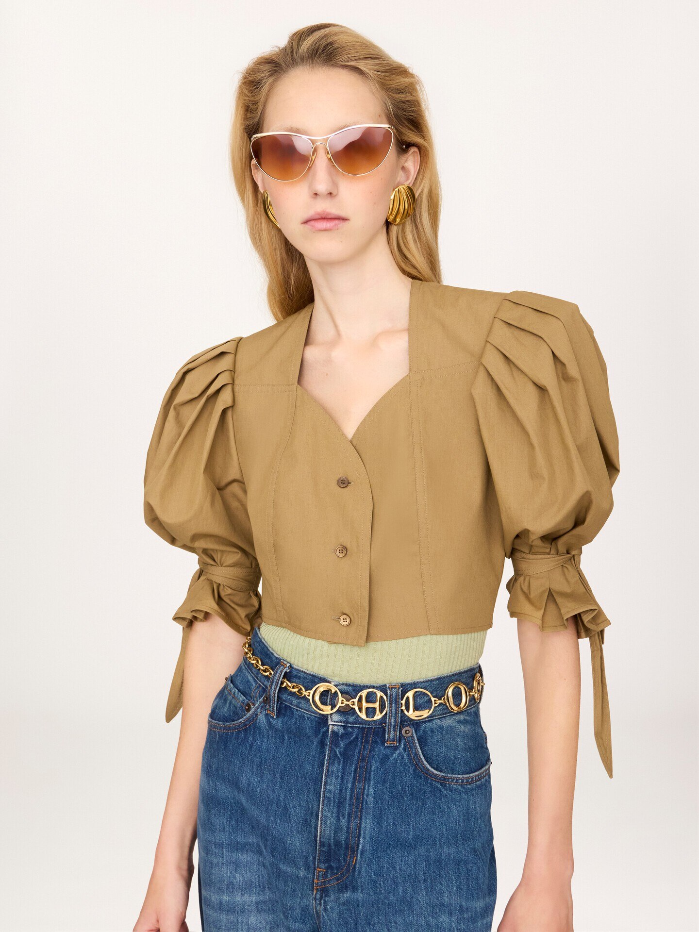 Puff-sleeve cropped top in cotton poplin - 6