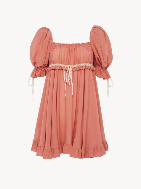 Puff-sleeve mini dress in silk georgette