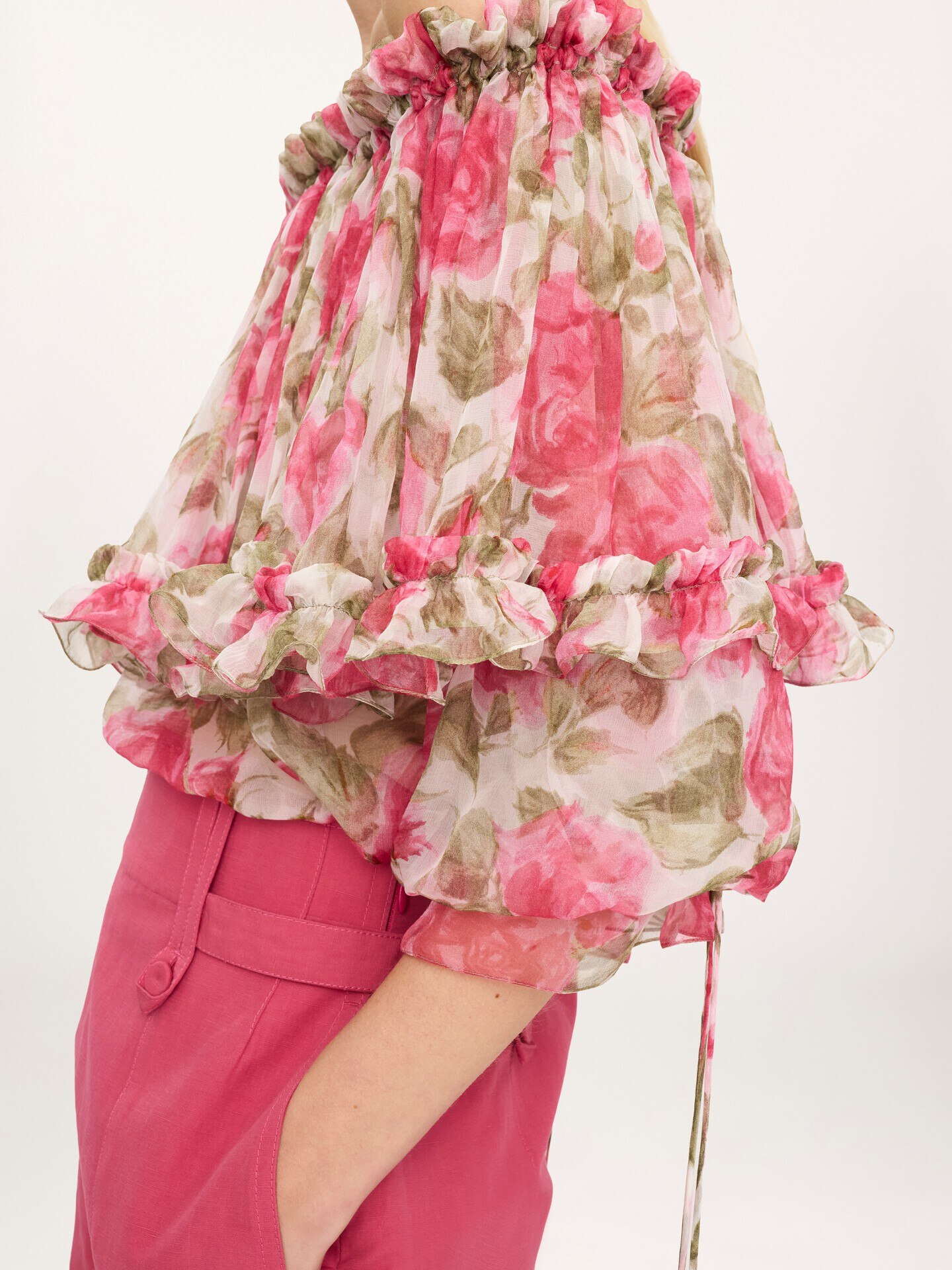 Off-the-shoulder puff-sleeve top in silk mousseline - 6