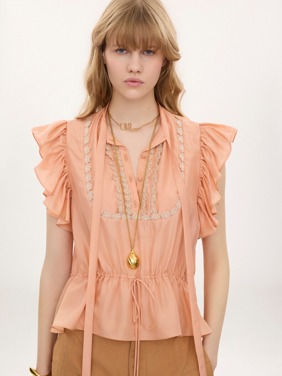 Short-sleeve ruffle top in washed silk habotai & lace - 4