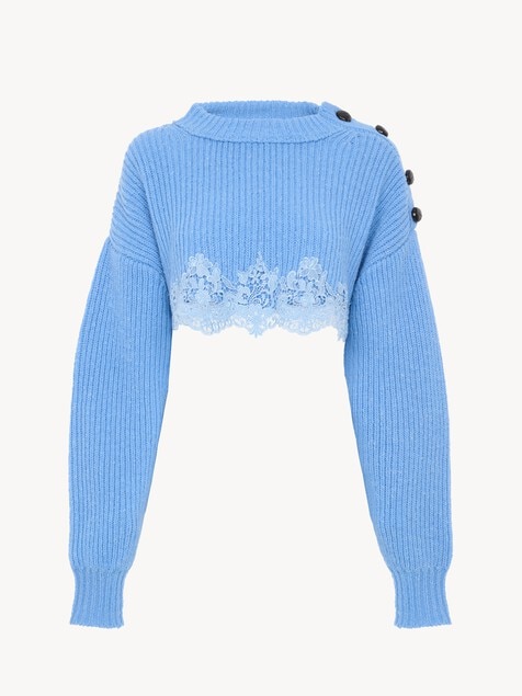 Jersey cropped de punto de lana merina y encaje