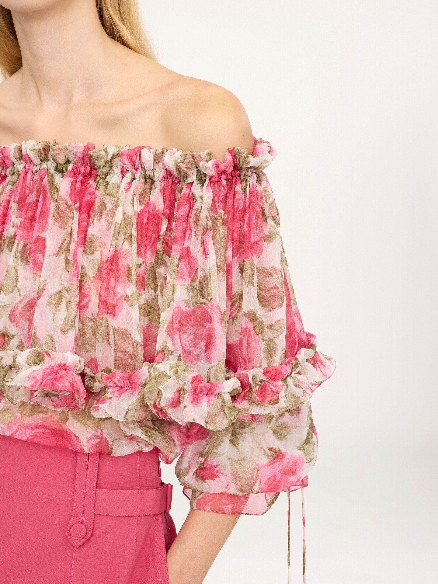 Off-the-shoulder puff-sleeve top in silk mousseline - 7
