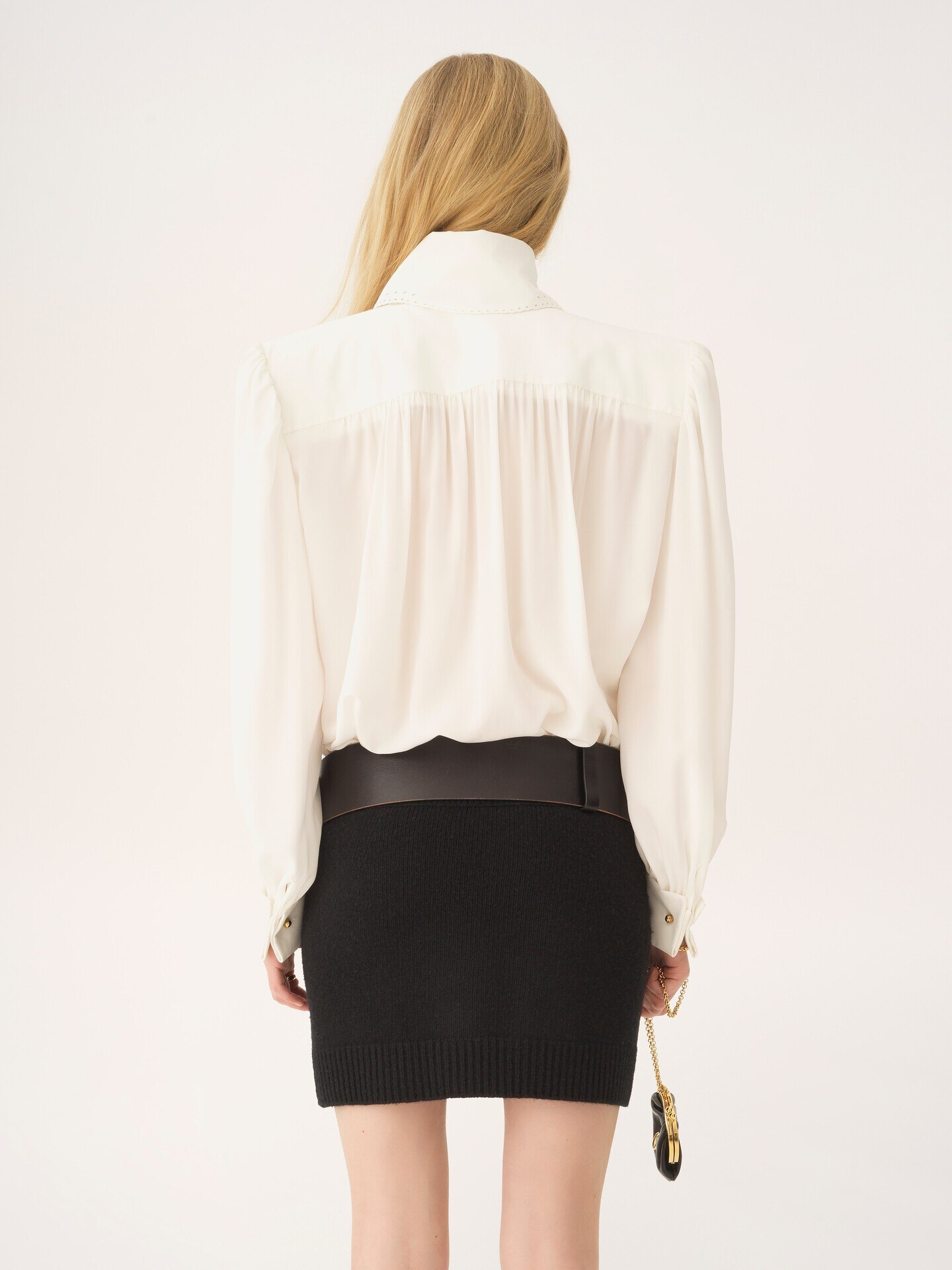 Gathered scarf-tie blouse in cr&ecirc;pe de chine & lace - 6