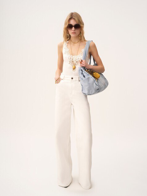 Fitted tank top in cotton jersey & guipure