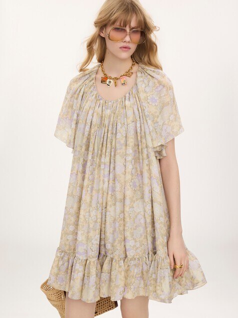 Short pleated dress in silk charmeuse