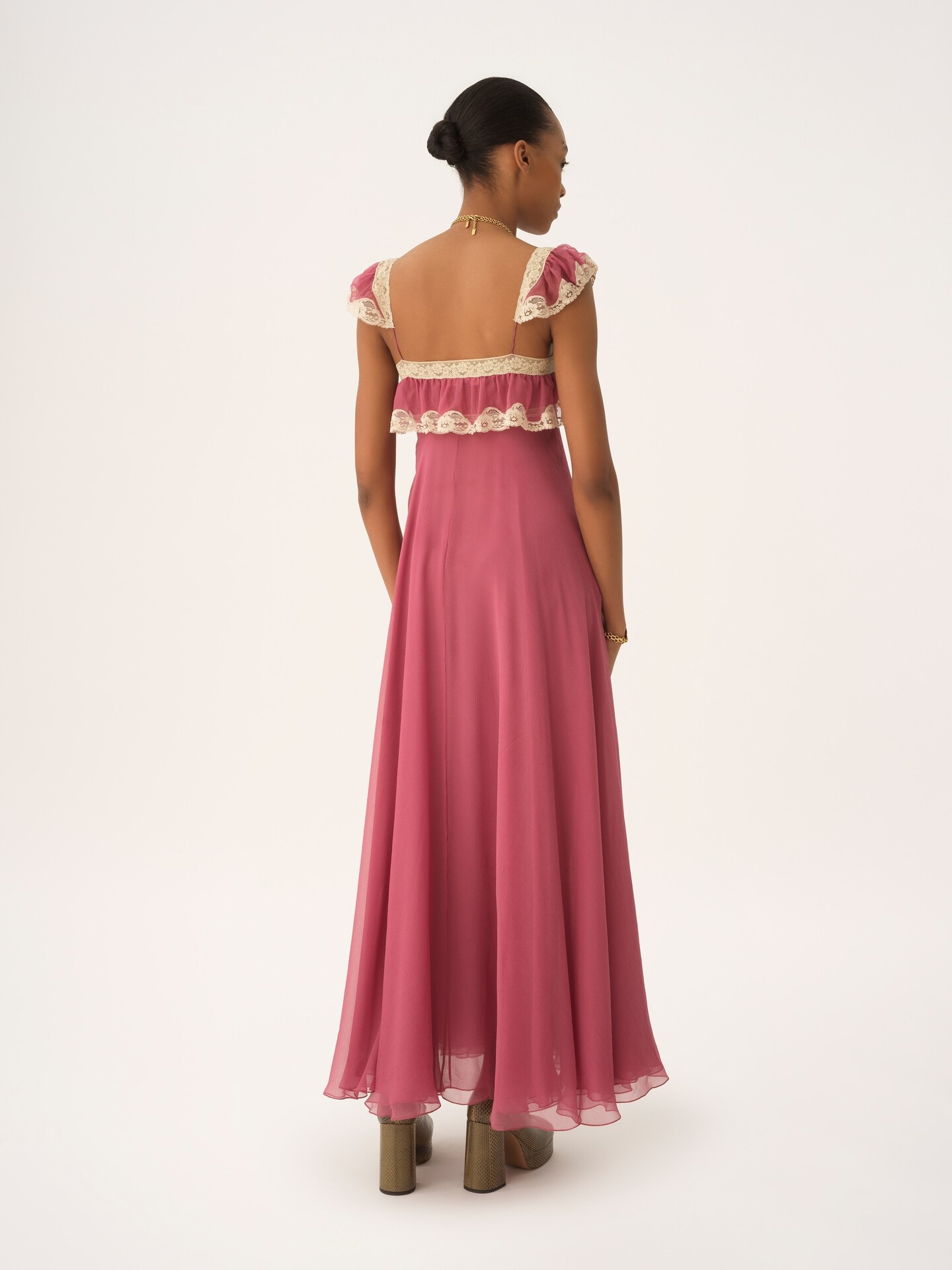 Fluid long dress in silk mousseline & lace - 5