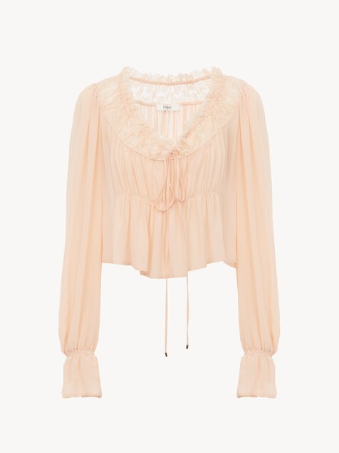 Scoop-neck cropped top in silk georgette & lace