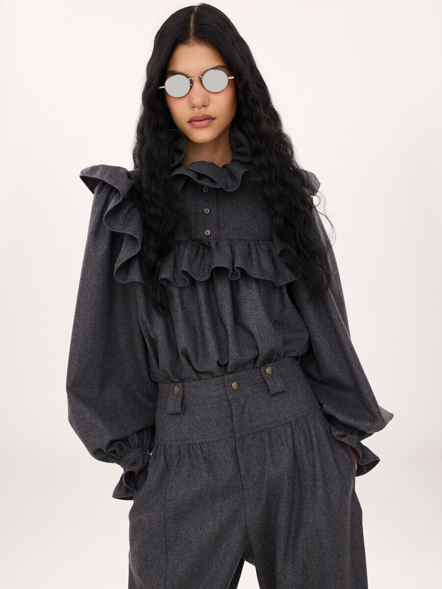 High-neck ruffle top in wool & cashmere flannel - 6
