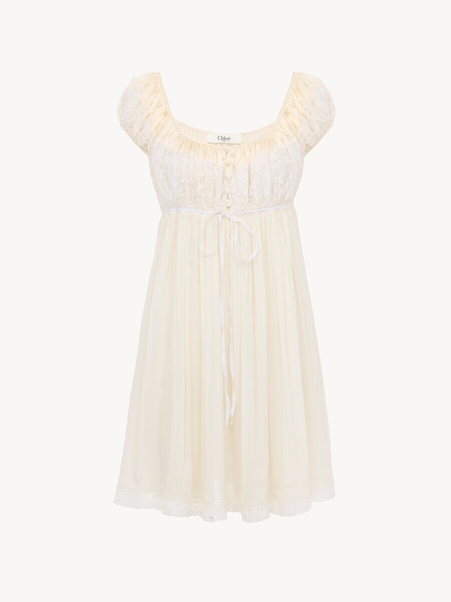 Short-sleeve mini dress in silk mousseline & lace - 2
