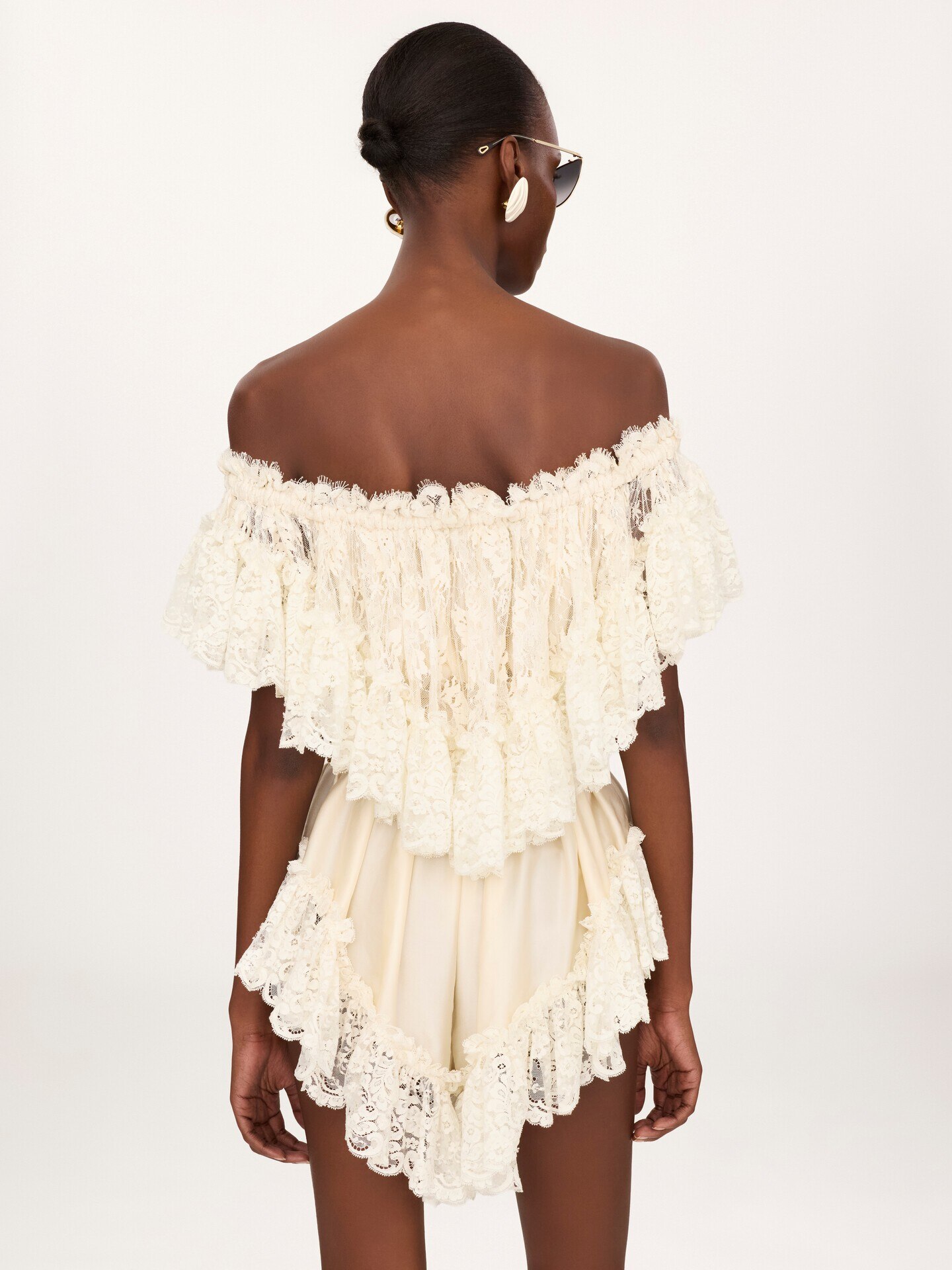 Mini off-the-shoulder playsuit in washed silk satin & lace - 5