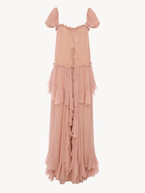 Vestido largo fruncido con volantes de muselina de seda