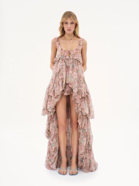 High-low ruffled dress in silk mousseline