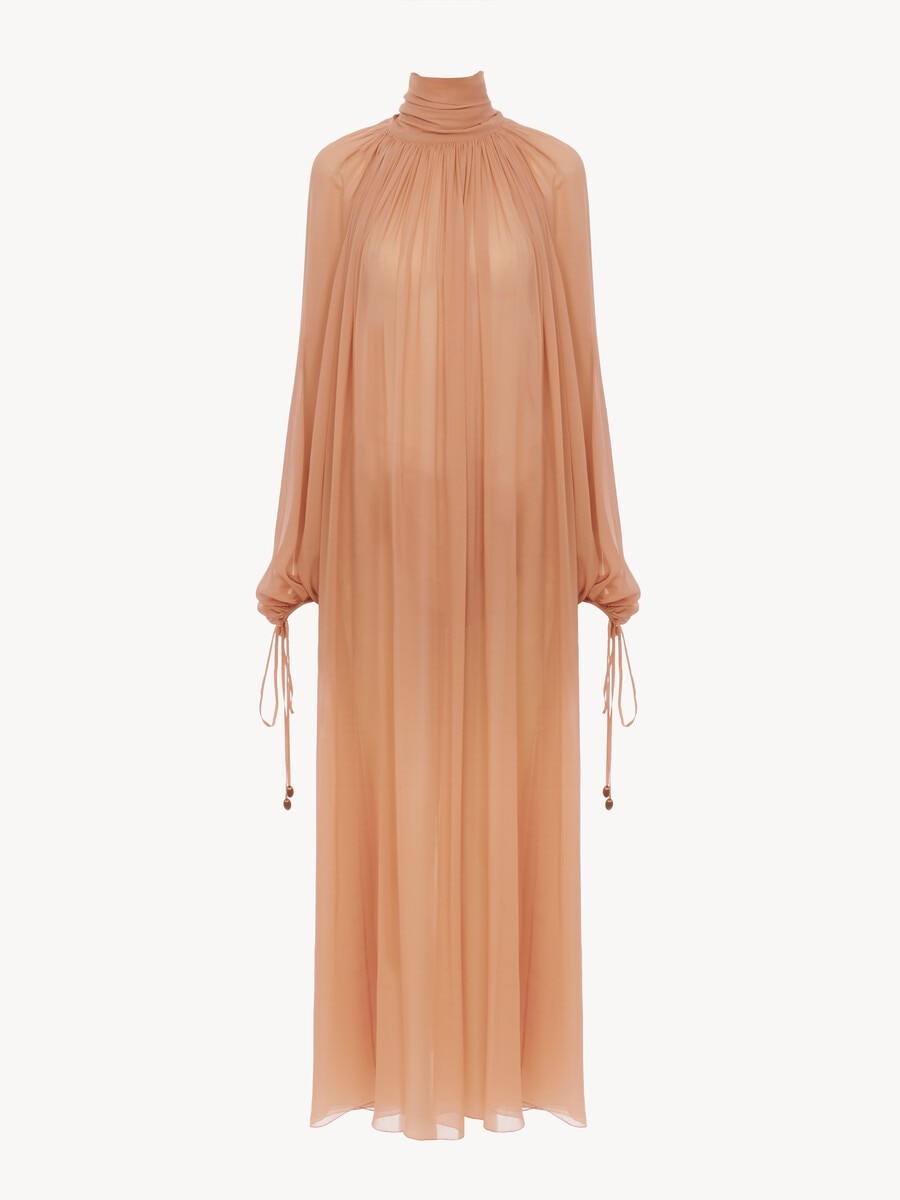 Mock-Neck Gathered Long Dress In Silk Georgette - 3
