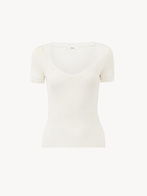 Scoop-neck fitted top in a wool knit & lace