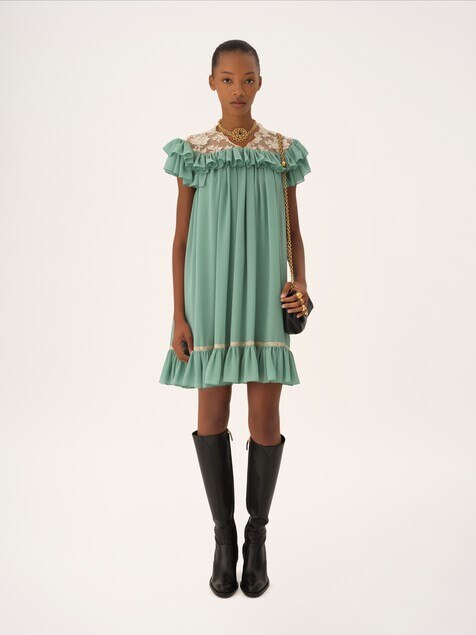 Short-sleeve mini dress in silk georgette & lace