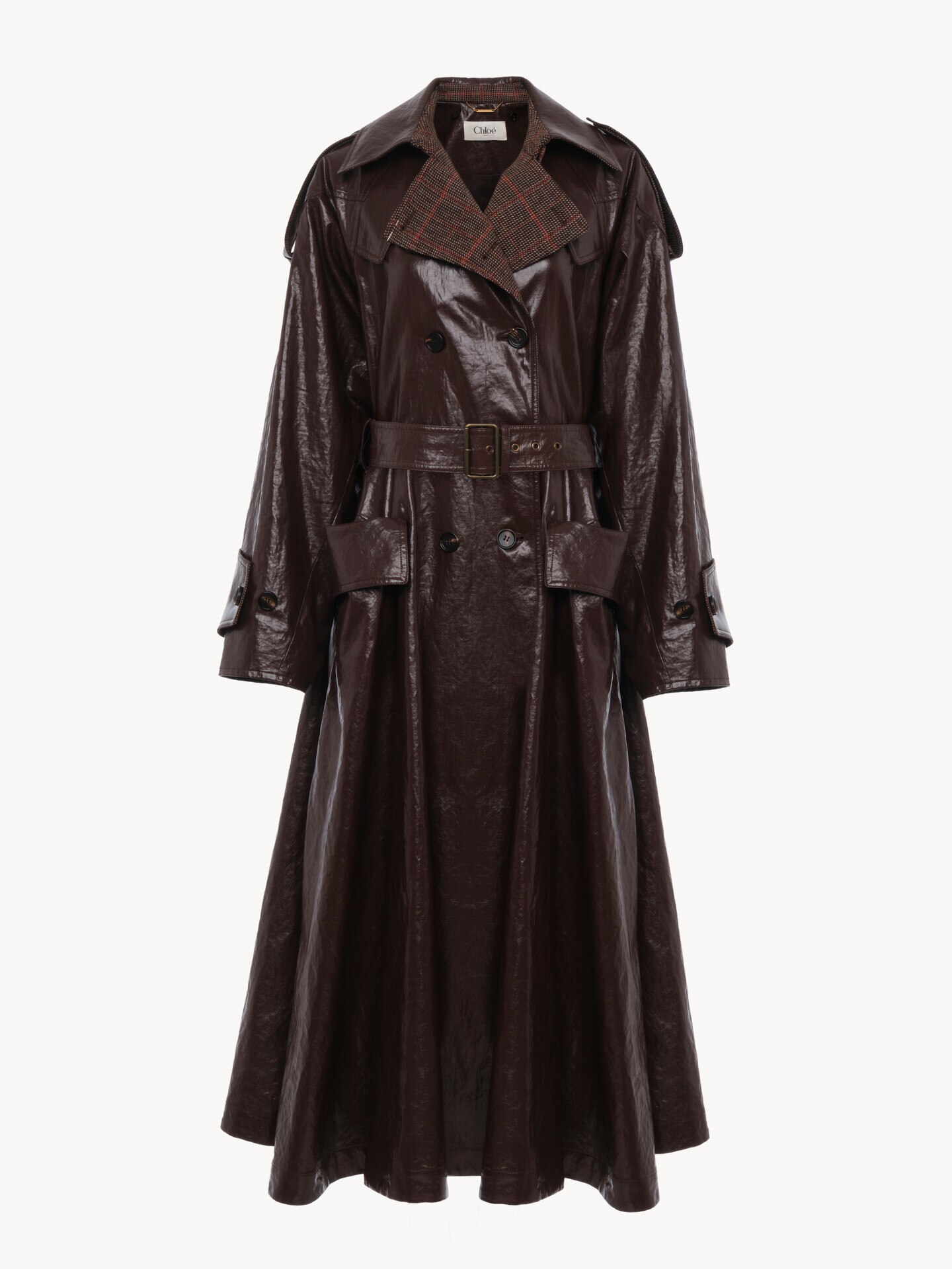 Double-breasted long riding coat in coated linen - 2