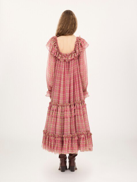 Vestido midi de cuello cuadrado de muselina de seda de cuadros