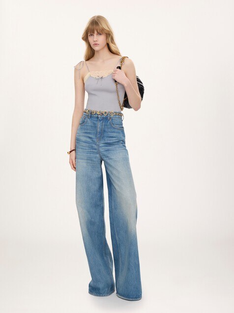 Thin-strap tank top in cotton jersey & lace