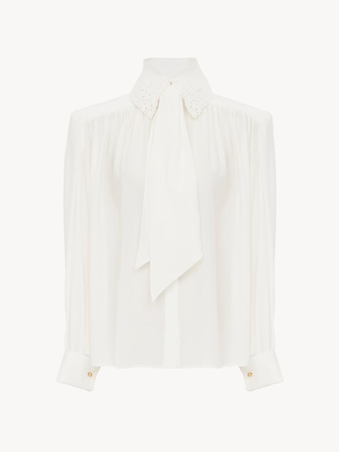 Gathered scarf-tie blouse in cr&ecirc;pe de chine & lace
