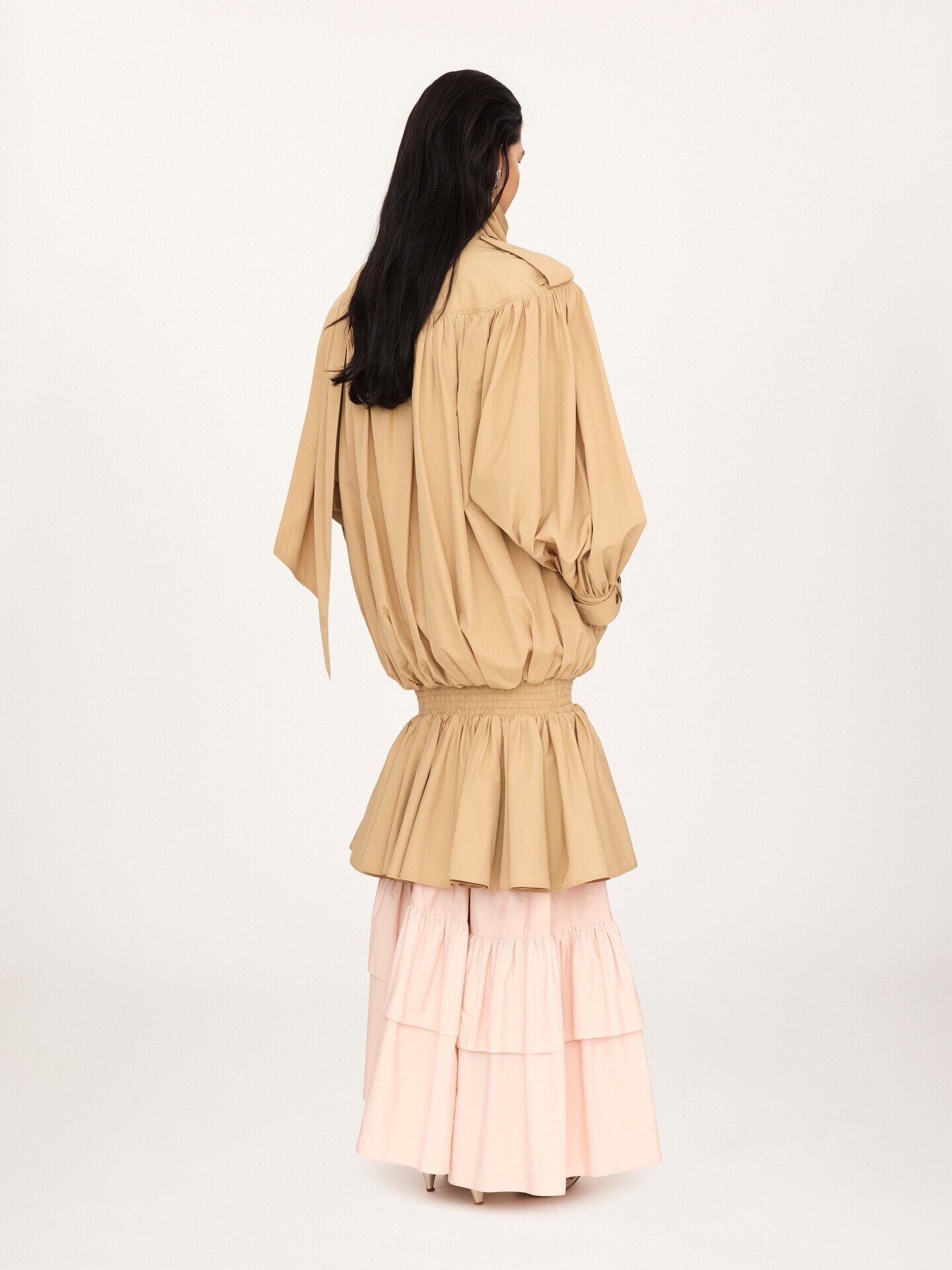 High-neck gathered trench coat in cotton poplin - 6