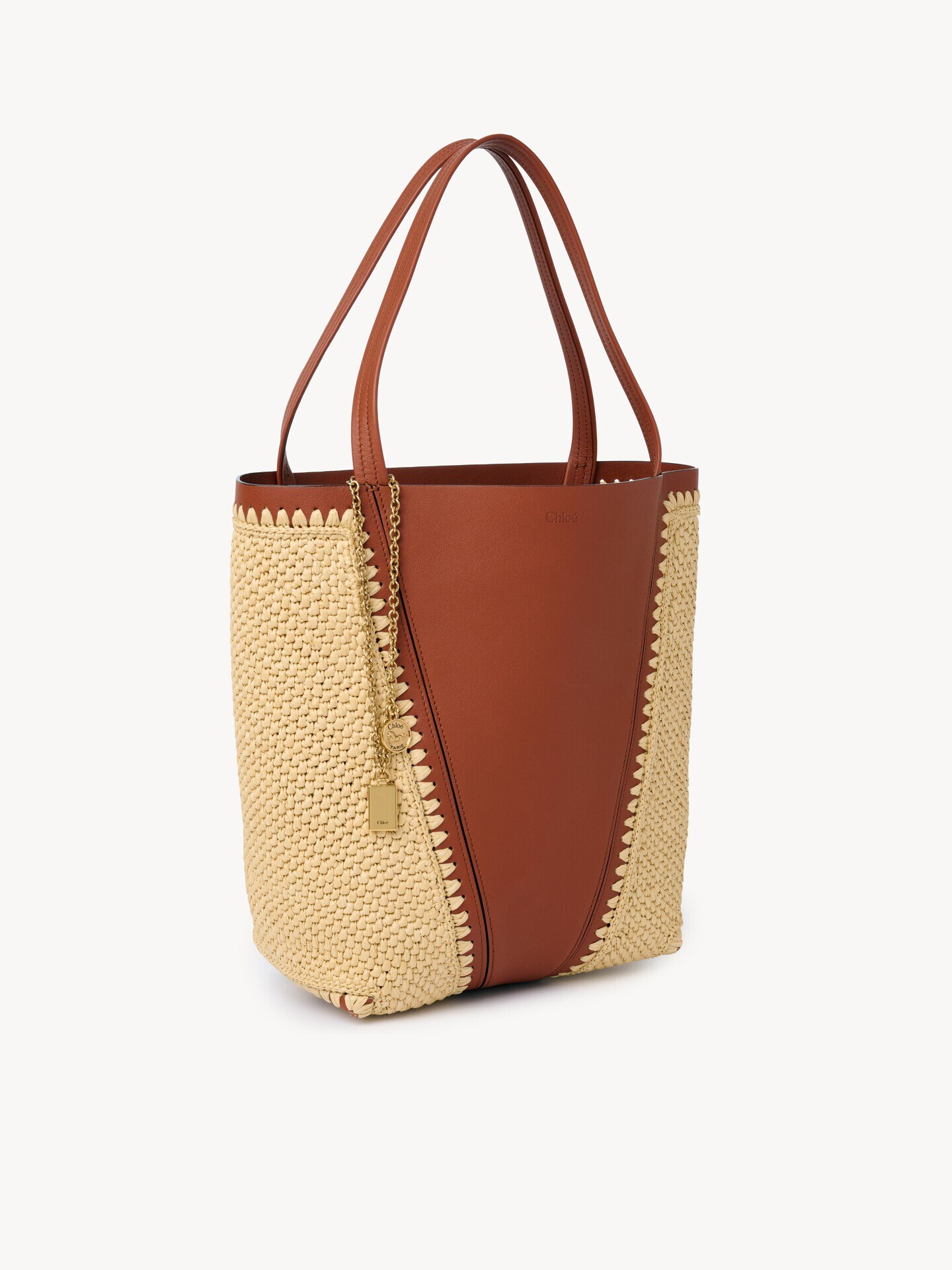 Chlo&eacute; Spin tote bag in raffia-effect & leather - 4