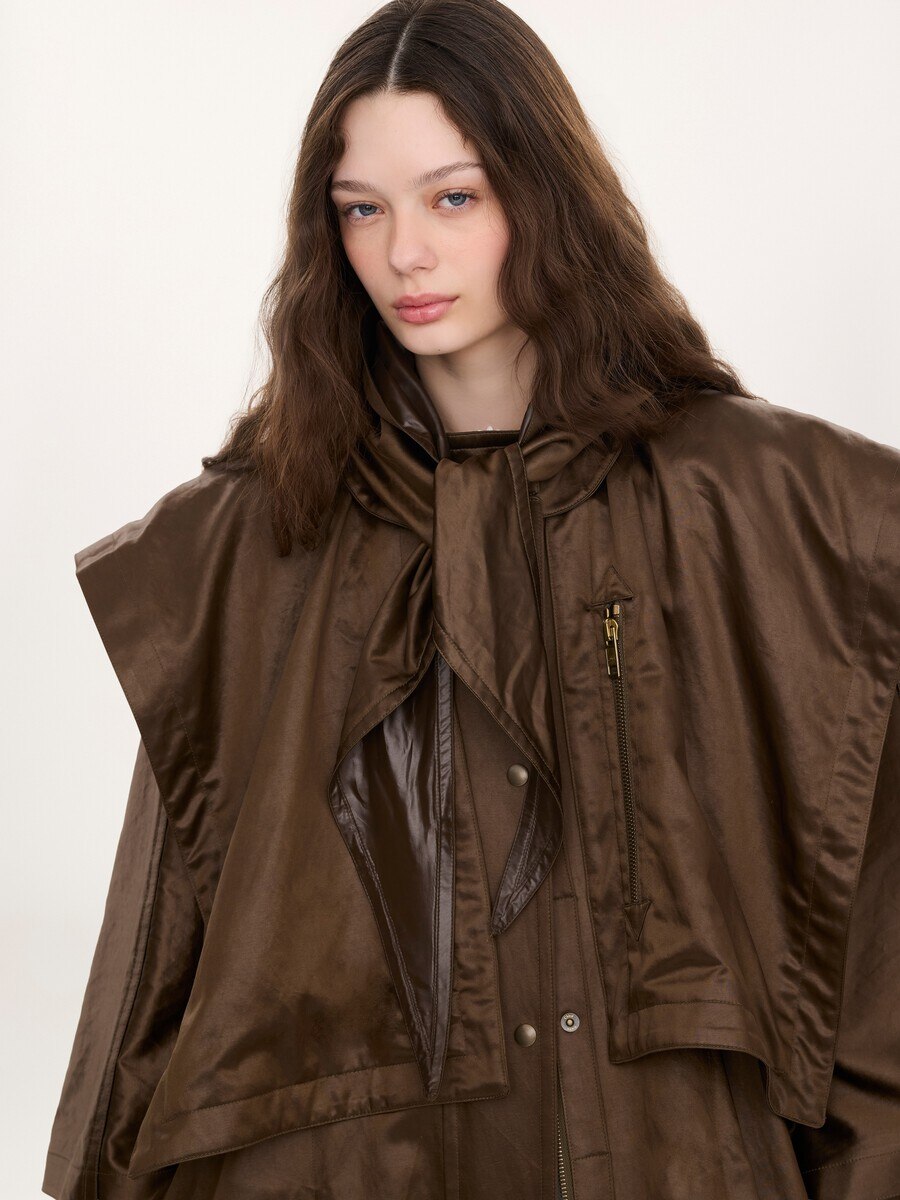 Hooded long cape coat in satin - 4