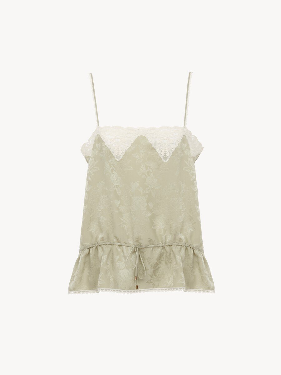 Drawstring camisole top in silk jacquard & lace - 1