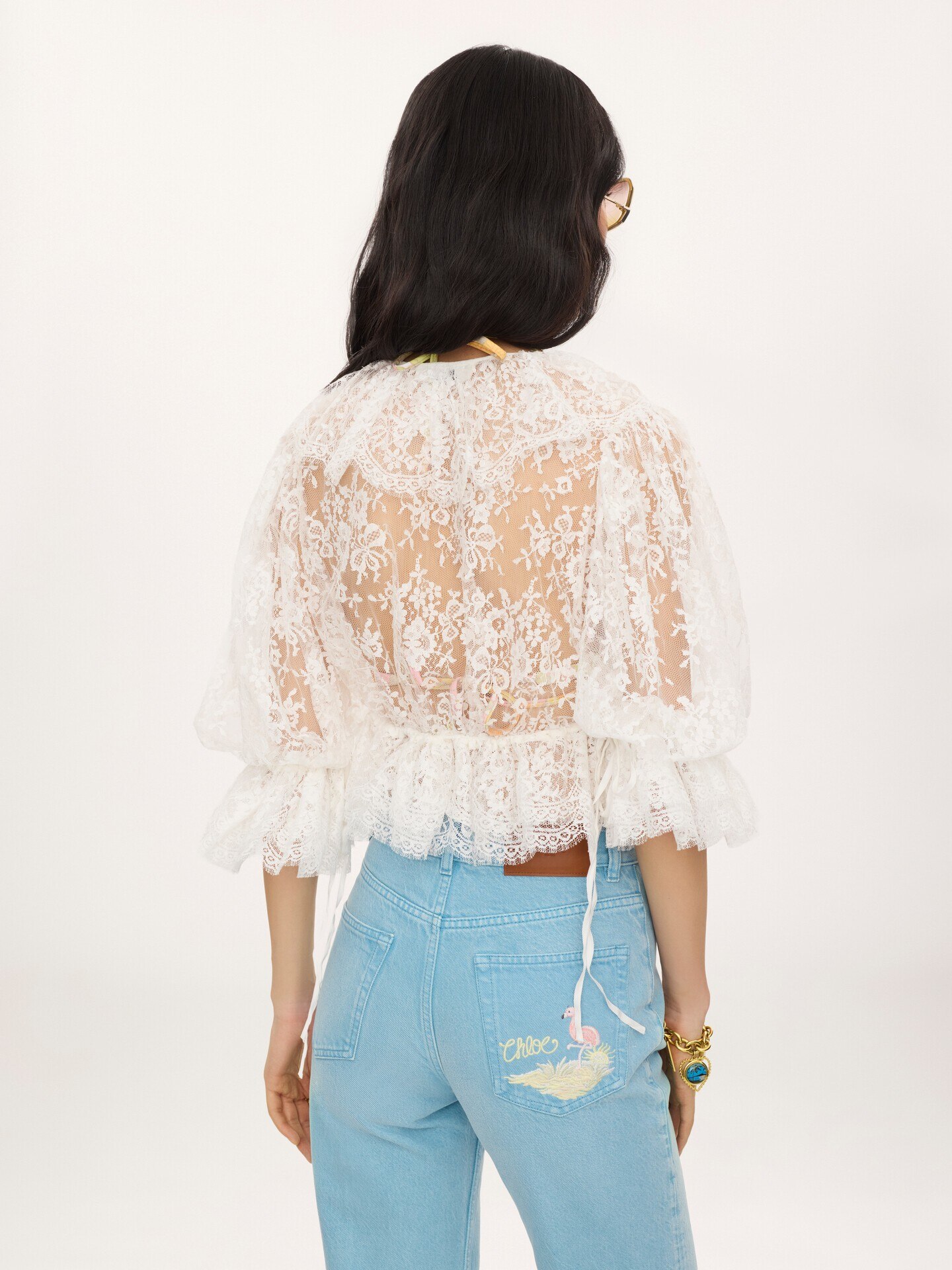 Cropped V-neck ruffle top in lace - 6